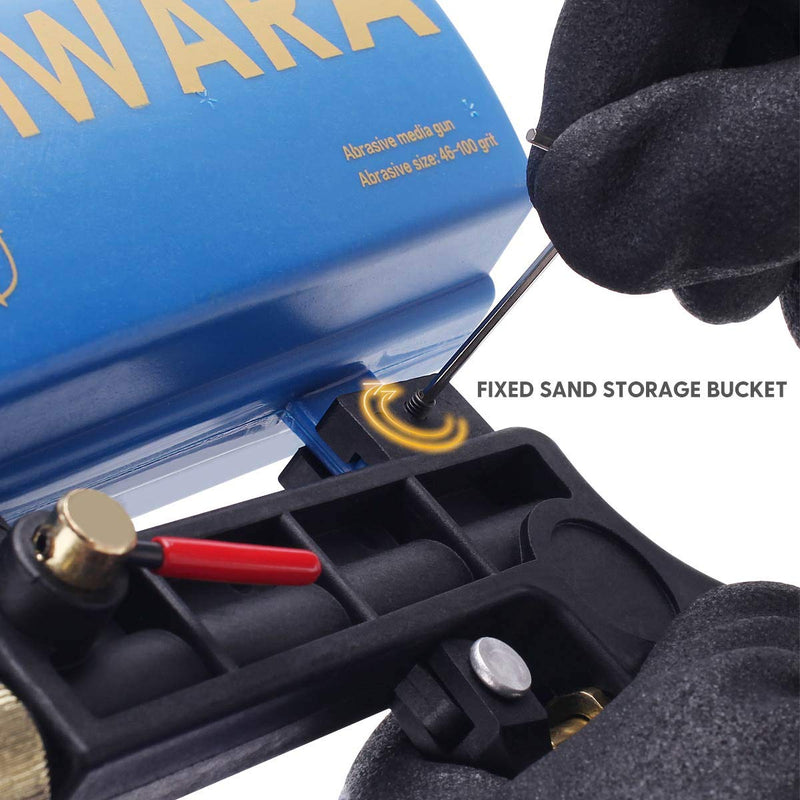 Blue FUJIWARA sand blaster gun kit with two replaceable tips, handheld abrasive blaster for rust removal on metal surfaces.
