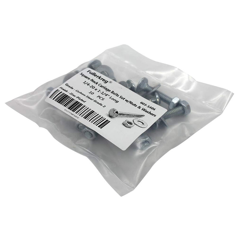 [Australia - AusPower] - (10 pc)1/4-20 x 1-1/4" Long Square-Neck Carriage Bolts Set w/Nuts & Washers,Zinc-Plated,Carbon Steel Grade 2,by Fullerkreg (10 pc)1/4x1-1/4" 
