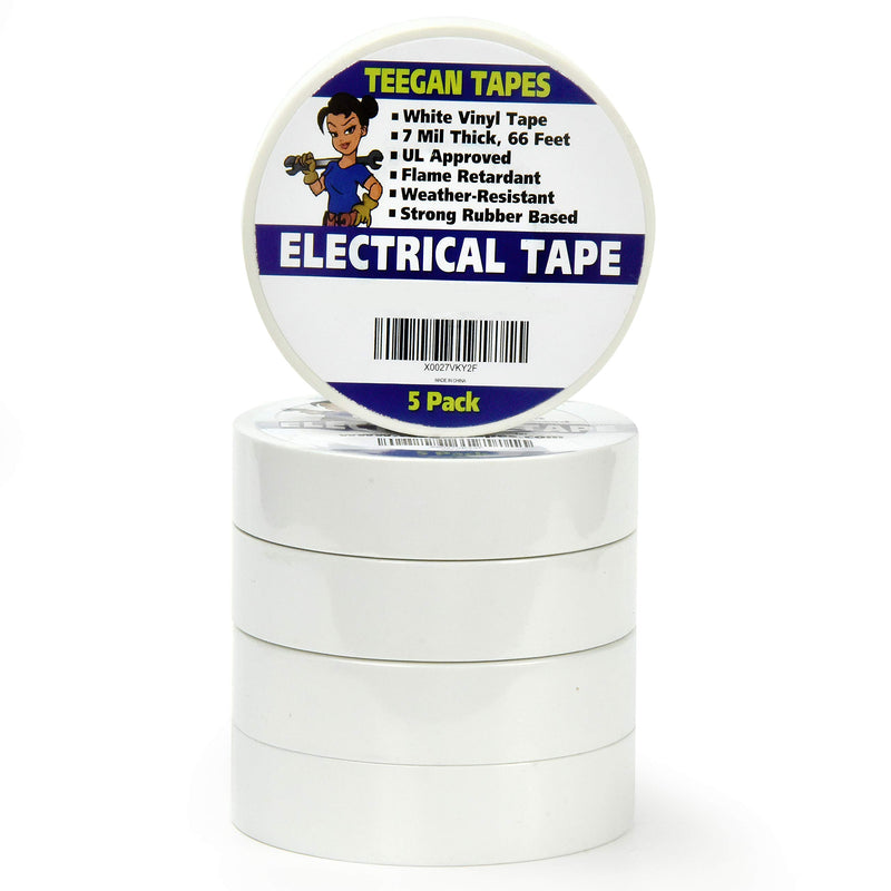 [Australia - AusPower] - White Electrical Tape - Vinyl Electric Tape (5 Pack) | 7 mil Thick Vinyl Tape 3/4 Inch Wide 66 Foot Long Roll | Strong Rubber Base | Flame Retardant, Temperature & Weather Resistant (White) White 