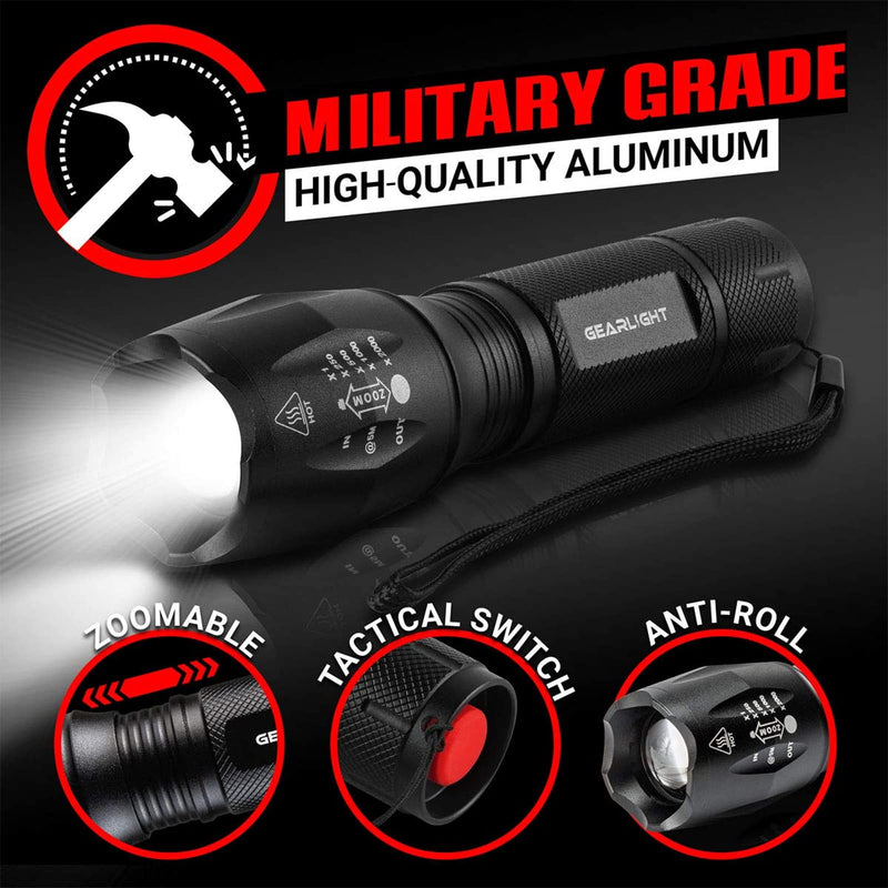 [Australia - AusPower] - GearLight LED Flashlight Bright, Zoomable Tactical Flashlights with High Lumens and 5 Modes for Emergency and Outdoor Use -Camping Accessories -S1000 1 Pack 