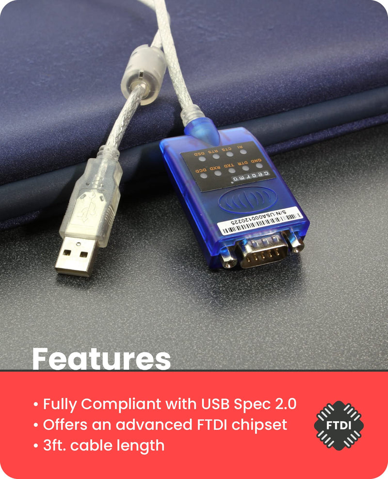 [Australia - AusPower] - Gearmo USB to Serial RS-232 Adapter with LED Indicators, FTDI Chipset, Supports Windows 11/10/8.1/8/7/, Mac OS X 10.6 and Above 