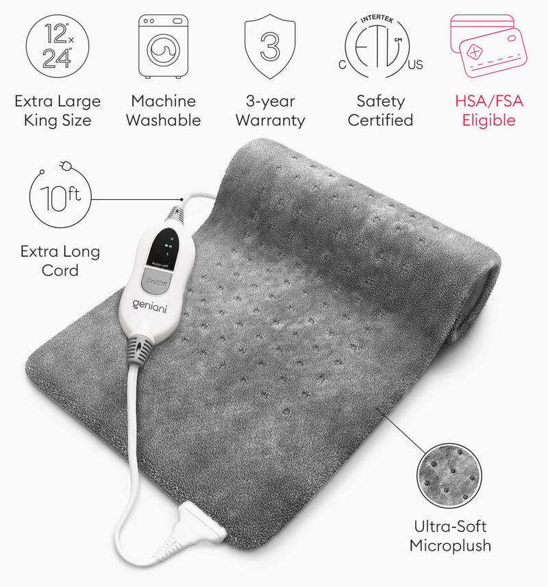 [Australia - AusPower] - GENIANI Extra Large Electric Heating Pad for Back Pain and Cramps Relief - Auto Shut Off - Soft Heat Pad 12"x24" for Moist & Dry Therapy (Tabby Gray) Tabby Gray 