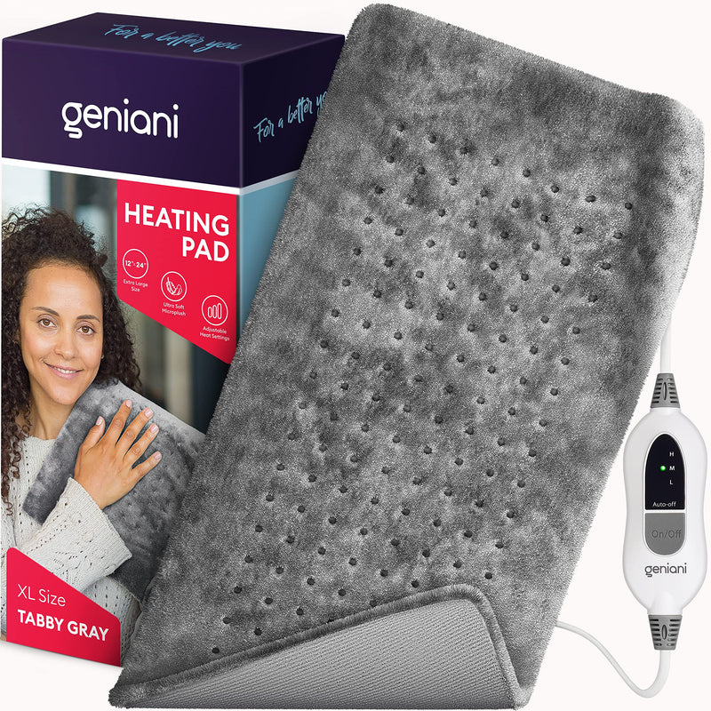 [Australia - AusPower] - GENIANI Extra Large Electric Heating Pad for Back Pain and Cramps Relief - Auto Shut Off - Soft Heat Pad 12"x24" for Moist & Dry Therapy (Tabby Gray) Tabby Gray 
