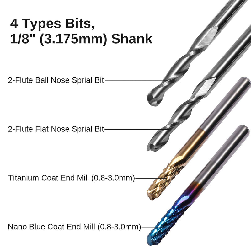 [Australia - AusPower] - Genmitsu 40pcs End Mills CNC Router Bits, 1/8" Shank CNC Cutter Milling Carving Bit Set Including 2-Flute Flat Nose & Ball Nose End Mill, Nano Blue Coat & Titanium Coat CNC Bits, MC40A 