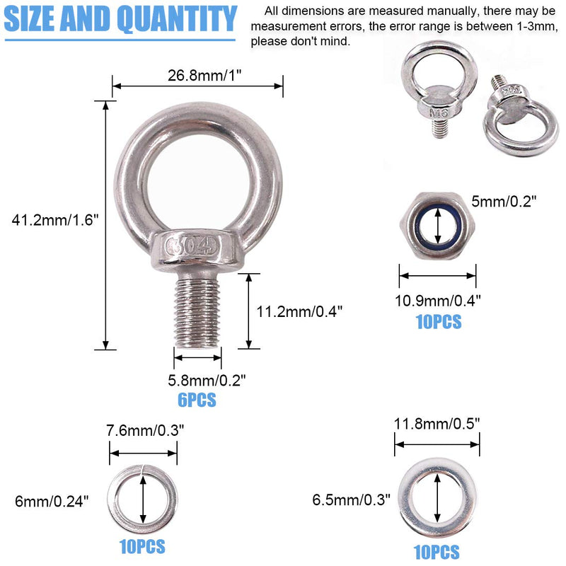 [Australia - AusPower] - Glarks 36Pcs 304 Stainless Steel M6 Male Thread Machinery Shoulder Lifting Ring Eye Bolt with Lock Nuts/Lock Washers/Flat Washers Set 