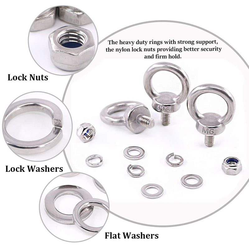 [Australia - AusPower] - Glarks 36Pcs 304 Stainless Steel M6 Male Thread Machinery Shoulder Lifting Ring Eye Bolt with Lock Nuts/Lock Washers/Flat Washers Set 