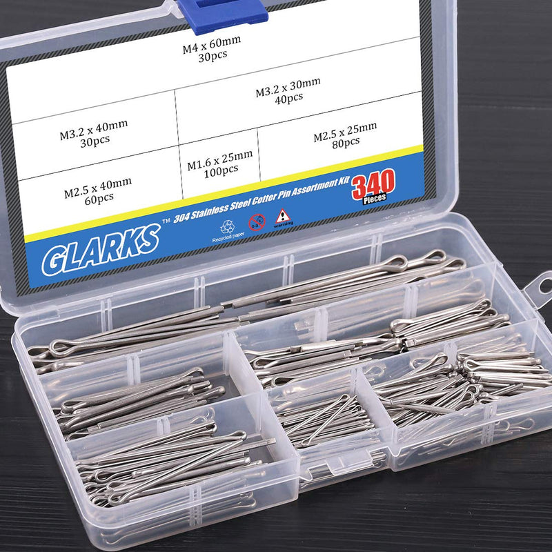 [Australia - AusPower] - Glarks 340-Pieces 6 Sizes 304 Stainless Steel Cotter Pin Clip Key Fastner Fitting Assortment Kit for Automotive, Mechanics, Car Garage, Power Equipment, Cars, Trucks, Lawn Mower, Small Engine Repair 