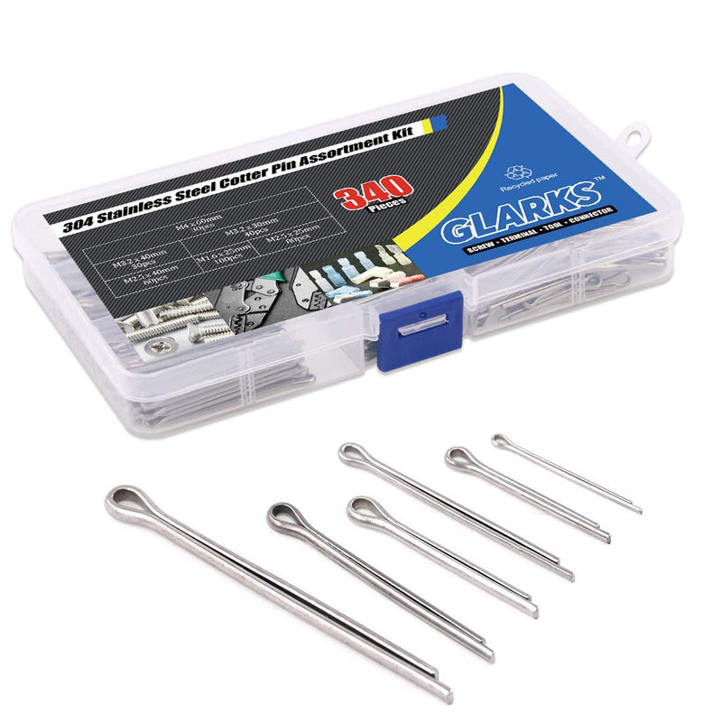 [Australia - AusPower] - Glarks 340-Pieces 6 Sizes 304 Stainless Steel Cotter Pin Clip Key Fastner Fitting Assortment Kit for Automotive, Mechanics, Car Garage, Power Equipment, Cars, Trucks, Lawn Mower, Small Engine Repair 