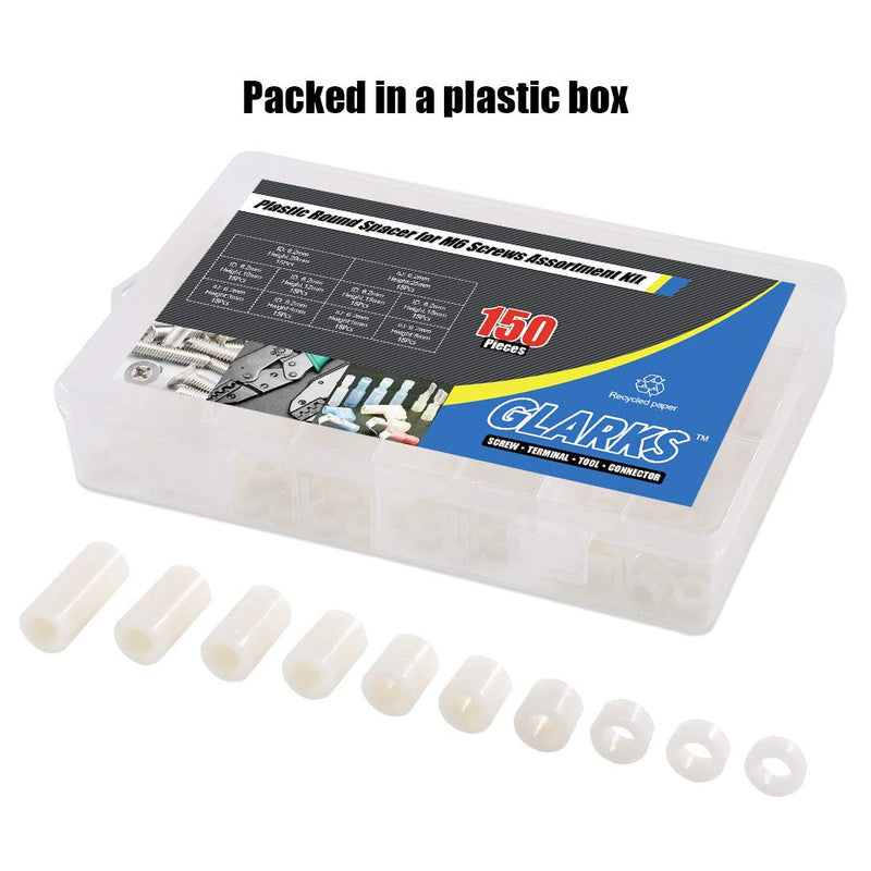 [Australia - AusPower] - Glaks 150Pcs 10 Sizes ABS Plastic Round Spacer Assortment Kit, OD 11mm ID 6.2mm for M6 Screws, Round Straight Tube, Plastic Standoff (3mm, 4mm, 5mm, 8mm, 10mm, 12mm, 15mm, 18mm, 20mm, 25mm) 