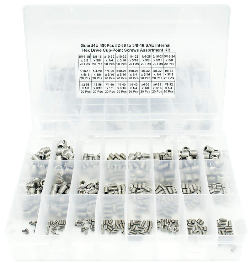 [Australia - AusPower] - Guard4U 480Pcs #2-56 to 3/8-16 SAE Internal Hex Drive Cup-Point Screws Assortment Kit, 24 Kinds 304-Stainless Steel Hex Allen Head Socket Set Grub Screw Bolts 