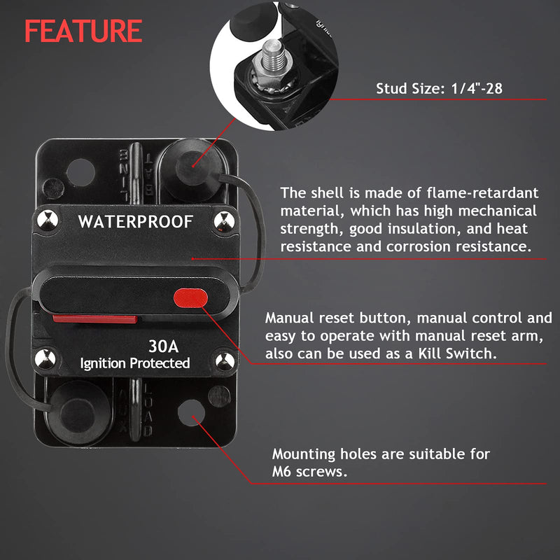 [Australia - AusPower] - Hamolar 3 Pack 30 Amp Auto Car Stereo Audio Circuit Breaker Fuse 12-48VDC Manual Reset Button Switch Fuses, with Wire Lugs Copper Washer 30A 