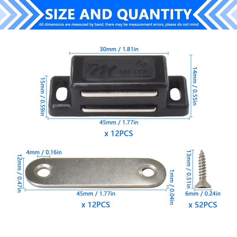 [Australia - AusPower] - 12Pack Plastic Cabinet Magnetic Door Catch with Screws for Kitchen Bathroom Cupboard Wardrobe Closet Closures Cabinet Door Drawer Latch 15lb (Black) Black 