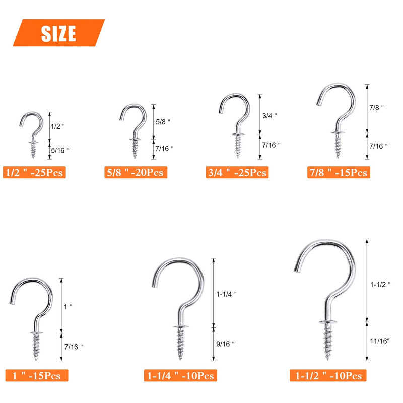 [Australia - AusPower] - HELIFOUNER 120 Pieces 7 Sizes Cup Screw Hooks, Silver, Screw-in Hooks, Ceiling Hooks, Self-Tapping Screws Hooks, Hanging Hooks, Screw Hooks Kit (1/2", 5/8", 3/4", 7/8", 1'', 1-1/4", 1-1/2") 