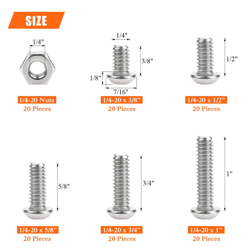 [Australia - AusPower] - HELIFOUNER 120 Pieces 5 Sizes 304 Stainless Steel 1/4-20 x 3/8" 1/2" 5/8" 3/4" 1" UNC Thread Hex Button Head Cap Bolts Kit 