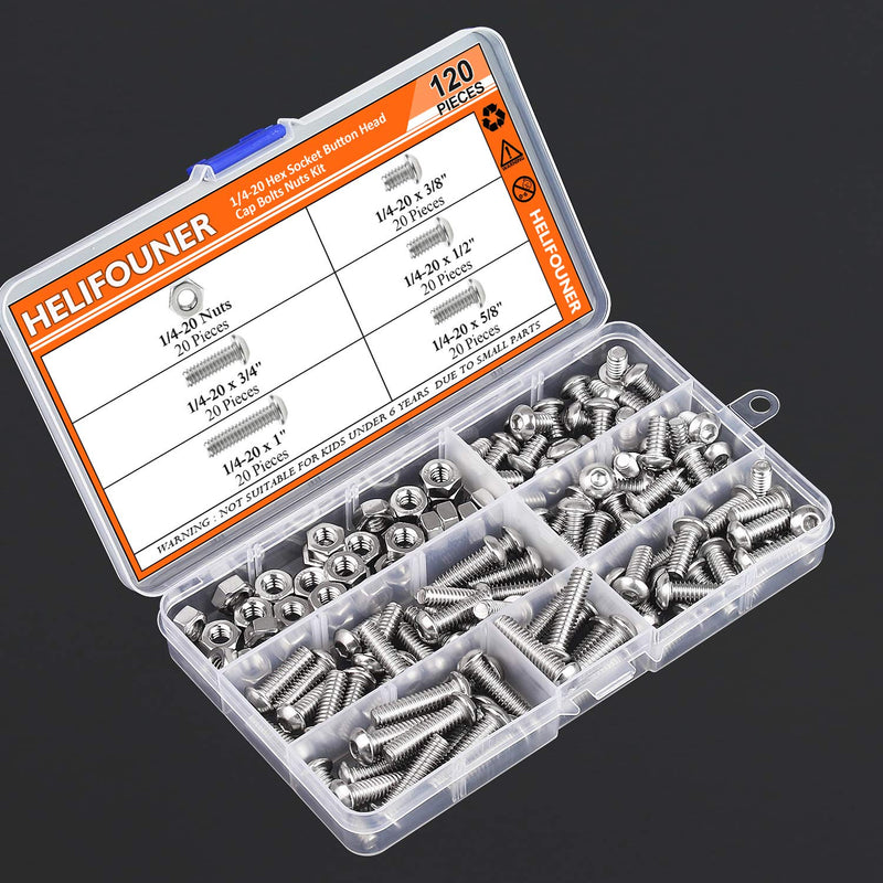 [Australia - AusPower] - HELIFOUNER 120 Pieces 5 Sizes 304 Stainless Steel 1/4-20 x 3/8" 1/2" 5/8" 3/4" 1" UNC Thread Hex Button Head Cap Bolts Kit 