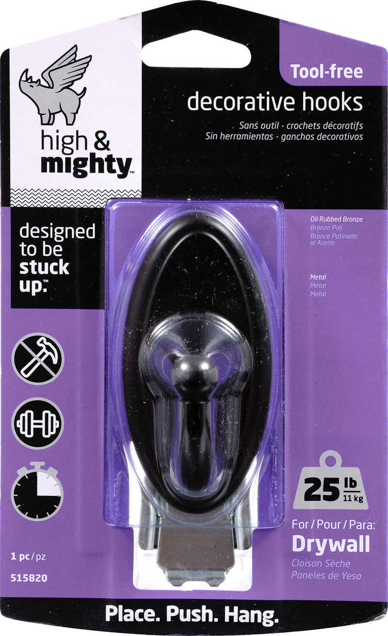 [Australia - AusPower] - HIGH & MIGHTY 515820 Decorative Metal Hook, Easy Tool-Free Dry Wall Installation, Oval, Holds up to 25lb, Bronze 