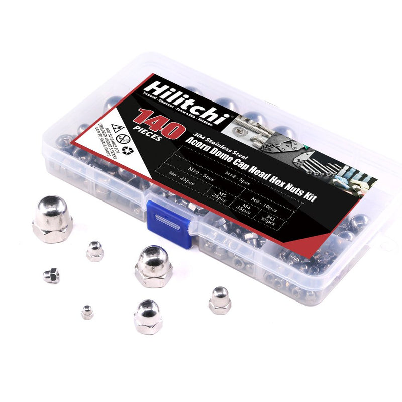 [Australia - AusPower] - Hilitchi 140-Pcs M3 M4 M5 M6 M8 M10 M12 Acorn Dome Cap Head Hex Nuts Assortment Kit, 304Stainless Steel 