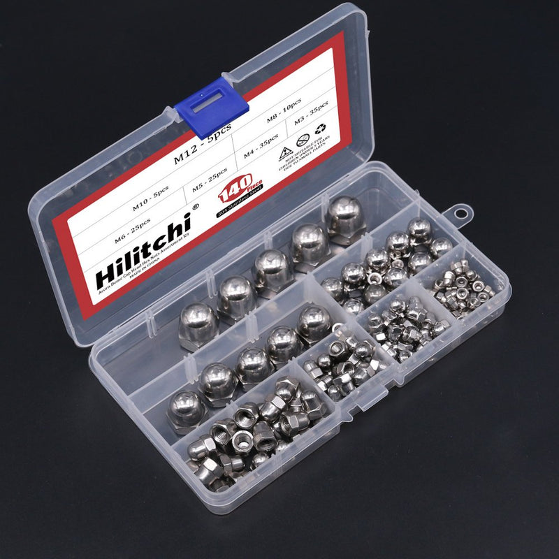 [Australia - AusPower] - Hilitchi 140-Pcs M3 M4 M5 M6 M8 M10 M12 Acorn Dome Cap Head Hex Nuts Assortment Kit, 304Stainless Steel 