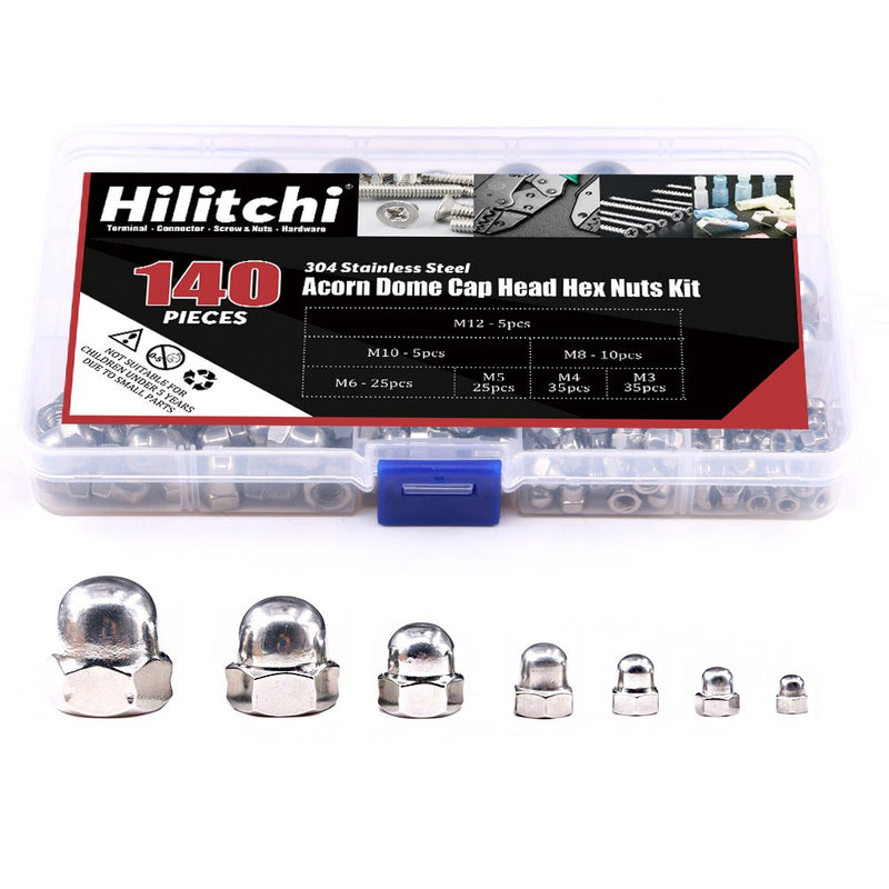 [Australia - AusPower] - Hilitchi 140-Pcs M3 M4 M5 M6 M8 M10 M12 Acorn Dome Cap Head Hex Nuts Assortment Kit, 304Stainless Steel 