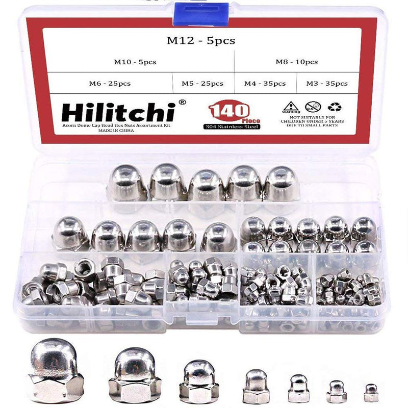 [Australia - AusPower] - Hilitchi 140-Pcs M3 M4 M5 M6 M8 M10 M12 Acorn Dome Cap Head Hex Nuts Assortment Kit, 304Stainless Steel 