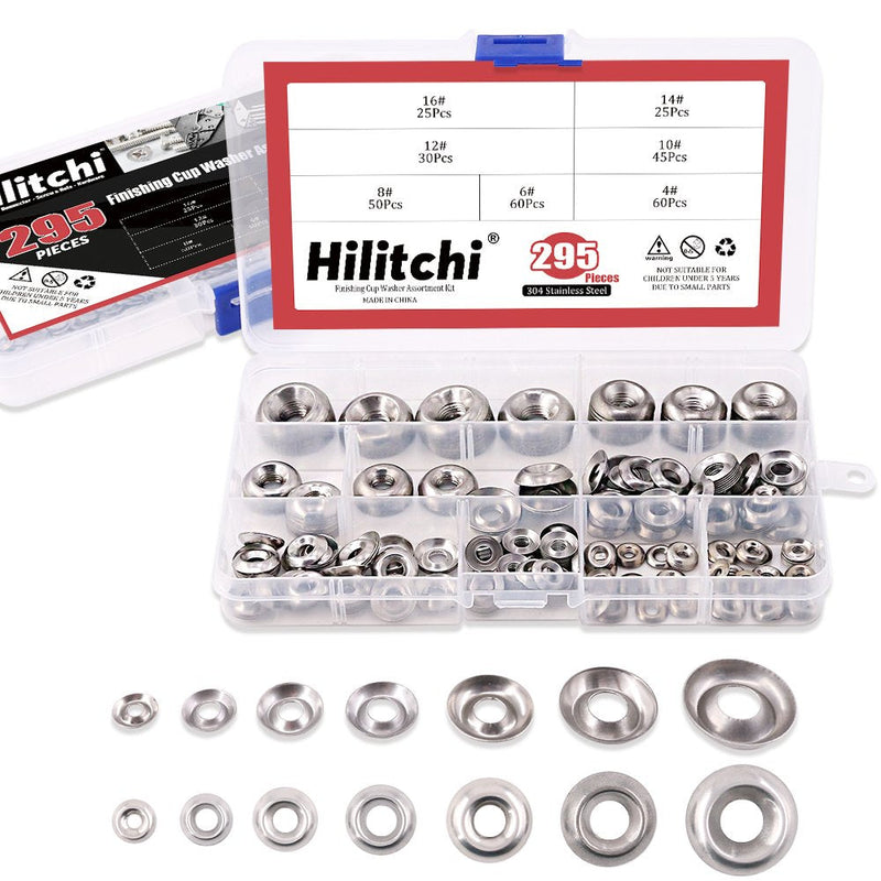 [Australia - AusPower] - Hilitchi 295-Pcs [#4 - #16] Finishing Cup Countersunk Washer Assortment Set - 304 Stainless Steel 