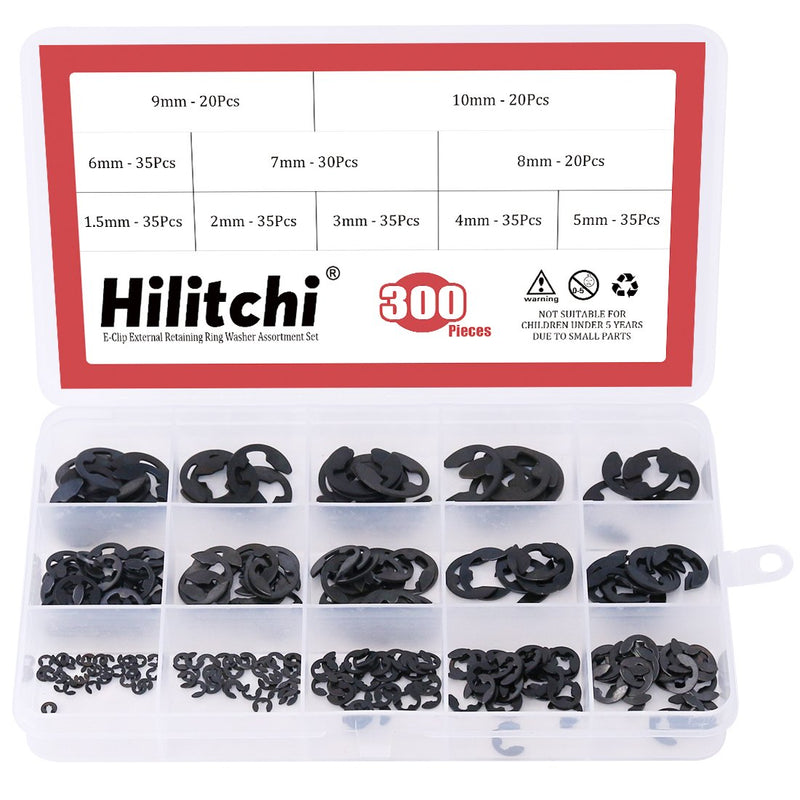 [Australia - AusPower] - Hilitchi 300-Pcs Alloy Steel E-Clip Circlip External Retaining Ring Assortment Set - 1.5mm to 10mm 