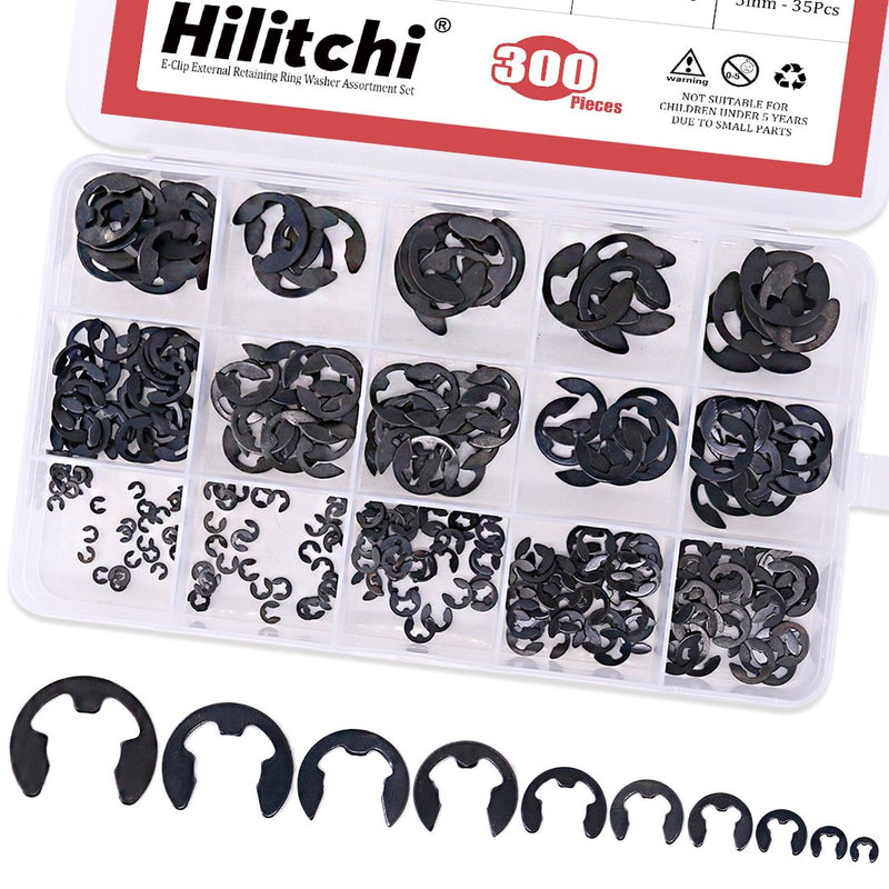 [Australia - AusPower] - Hilitchi 300-Pcs Alloy Steel E-Clip Circlip External Retaining Ring Assortment Set - 1.5mm to 10mm 