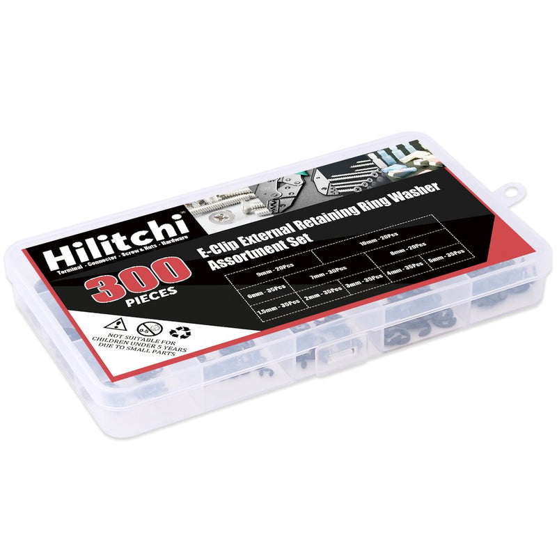 [Australia - AusPower] - Hilitchi 300-Pcs Alloy Steel E-Clip Circlip External Retaining Ring Assortment Set - 1.5mm to 10mm 
