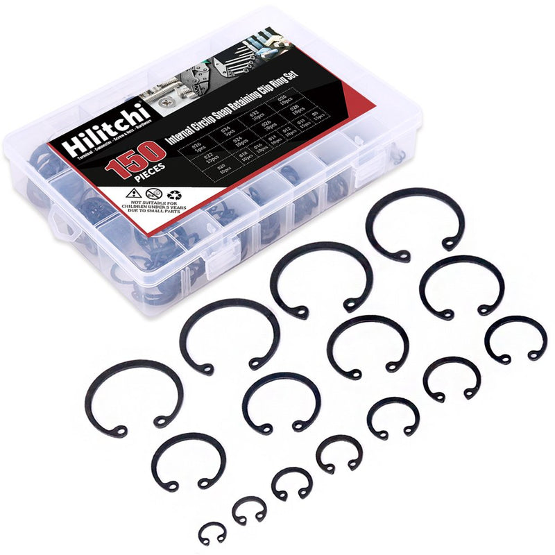 [Australia - AusPower] - Hilitchi 150-Pcs [15-Size] Alloy Steel Internal Circlip Snap Retaining Clip Ring Assortment Kit - Size: 8mm to 36mm 