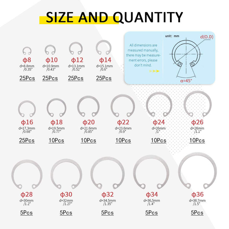 [Australia - AusPower] - Hilitchi 200Pcs 15Sizes 304 Stainless Steel Internal Snap Ring Circlip Snap Retaining Clip Ring Assortment Set 