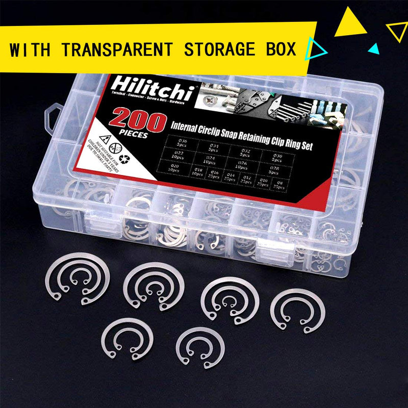 [Australia - AusPower] - Hilitchi 200Pcs 15Sizes 304 Stainless Steel Internal Snap Ring Circlip Snap Retaining Clip Ring Assortment Set 
