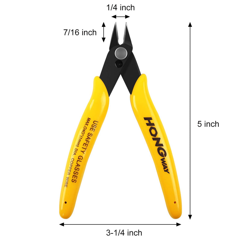 HongWay 5-pack of micro flush cutters for electronics, diagonal wire cutters with internal spring, 5-inch yellow soft copper wire snips