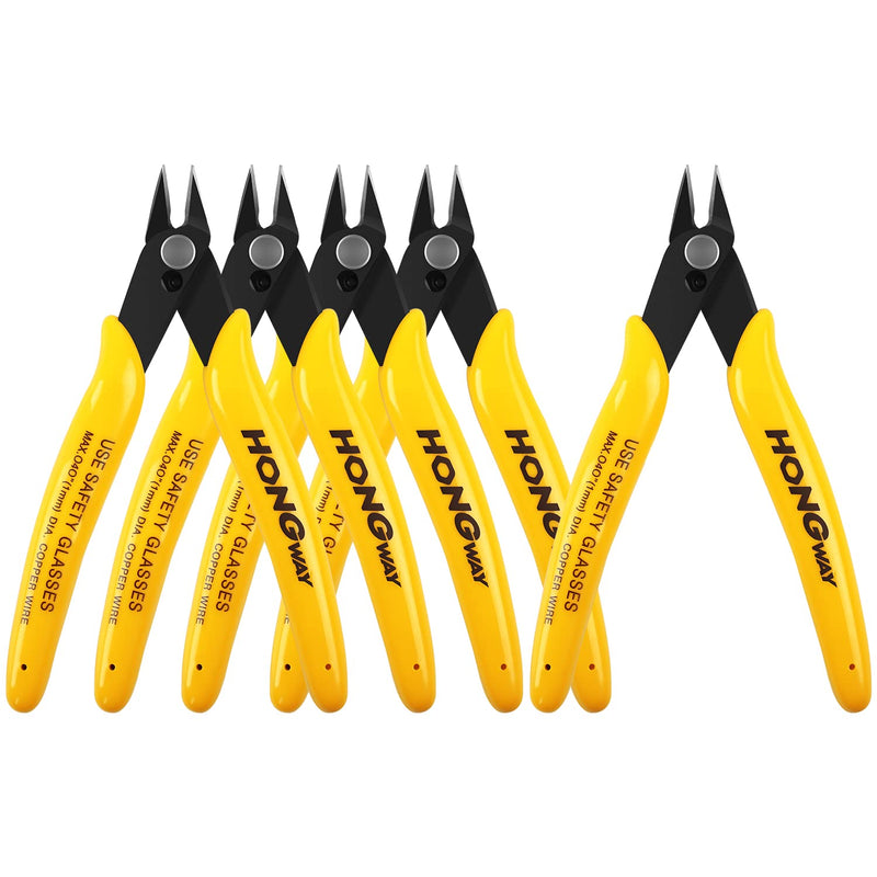 Set of five HongWay 5-inch micro flush wire cutters with yellow handles, ideal for electronics and soft copper wire.