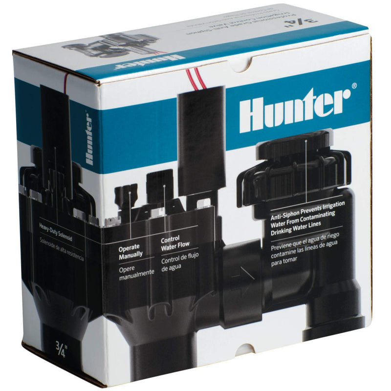 Hunter 1-inch PGV-ASV anti-siphon irrigation valve in black, part of Hunter irrigation system controllers, shown in the image.