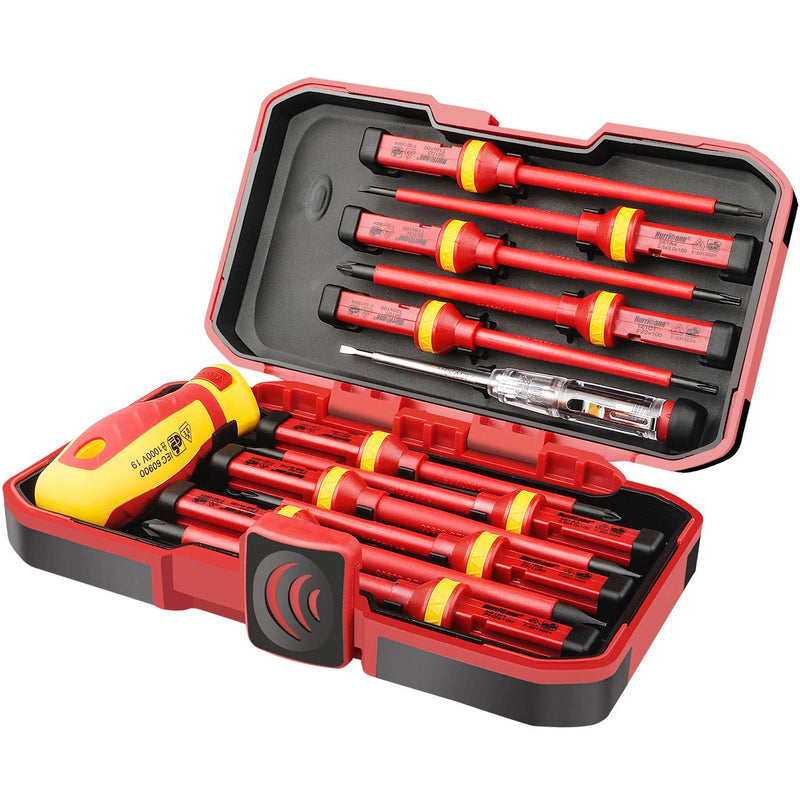 HURRICANE 13-piece insulated electrician screwdriver set with CR-V magnetic Phillips, slotted, Pozidriv, and Torx screwdrivers.