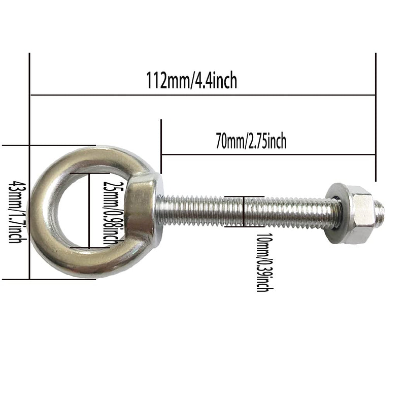 [Australia - AusPower] - HYXXYY Stainless Steel Eye Bolt, 2pack M10 Shoulder Eye Bolts 3/8" X 2.75"with Nuts and Washer Thread Lifting Ring Eyebolt 2pcs 