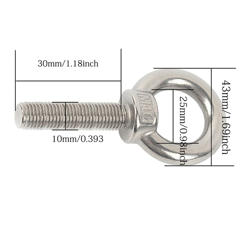 [Australia - AusPower] - HYXXYY Shoulder Eye Bolt, M10 304 Stainless Steel Eye Bolts 3/8"x1.18" Eye Bolts Heavy Duty Screw Bolt with Washer and Nuts Set Muti-Function for Indoor Outdoor, 10mm x 30mm, 4 Pack 