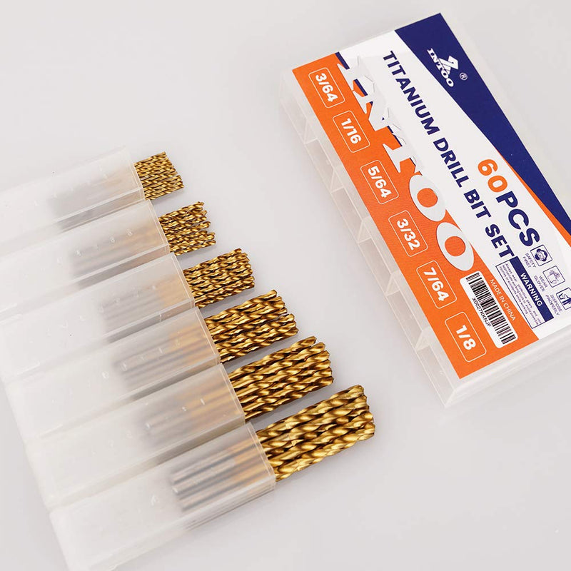 [Australia - AusPower] - INTOO Mini Drill Bit Set 60 Pcs+12 Pcs Free High Speed Steel HSS Titanium Micro Drill Bits 3/64"-1/8" Metal,Plastic,Wood Drill Bit Sets Small Drill Bit 