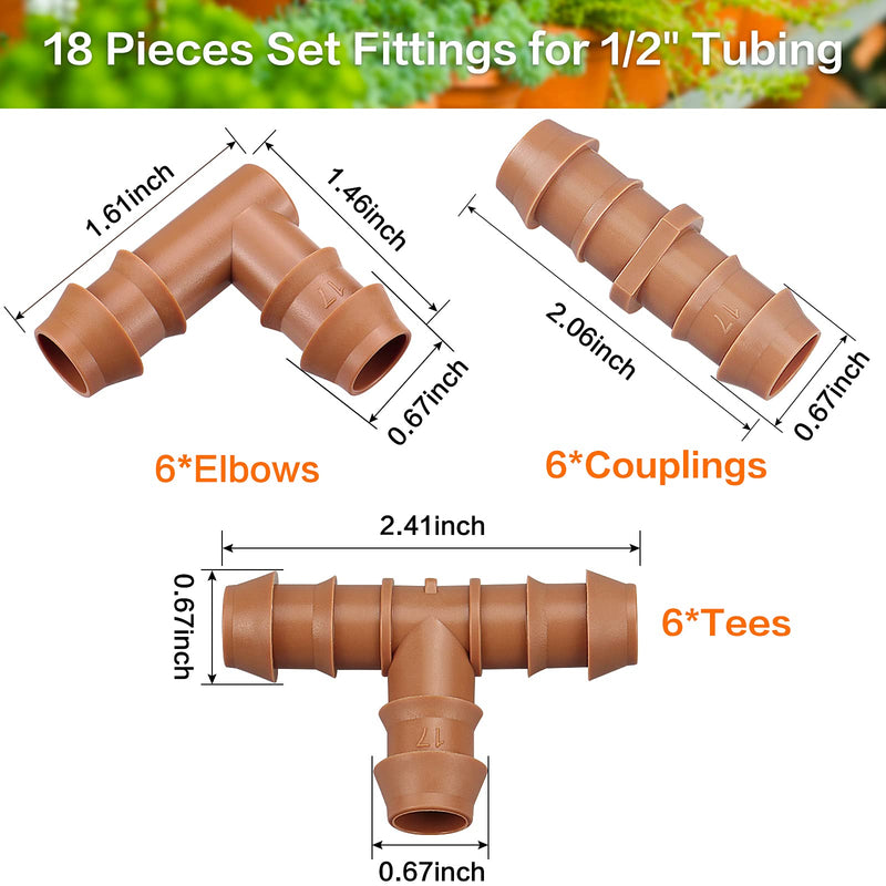 iRunning drip irrigation fittings kit with 18 barbed connectors, including tees, couplings, and elbows for 1/2-inch tubing.