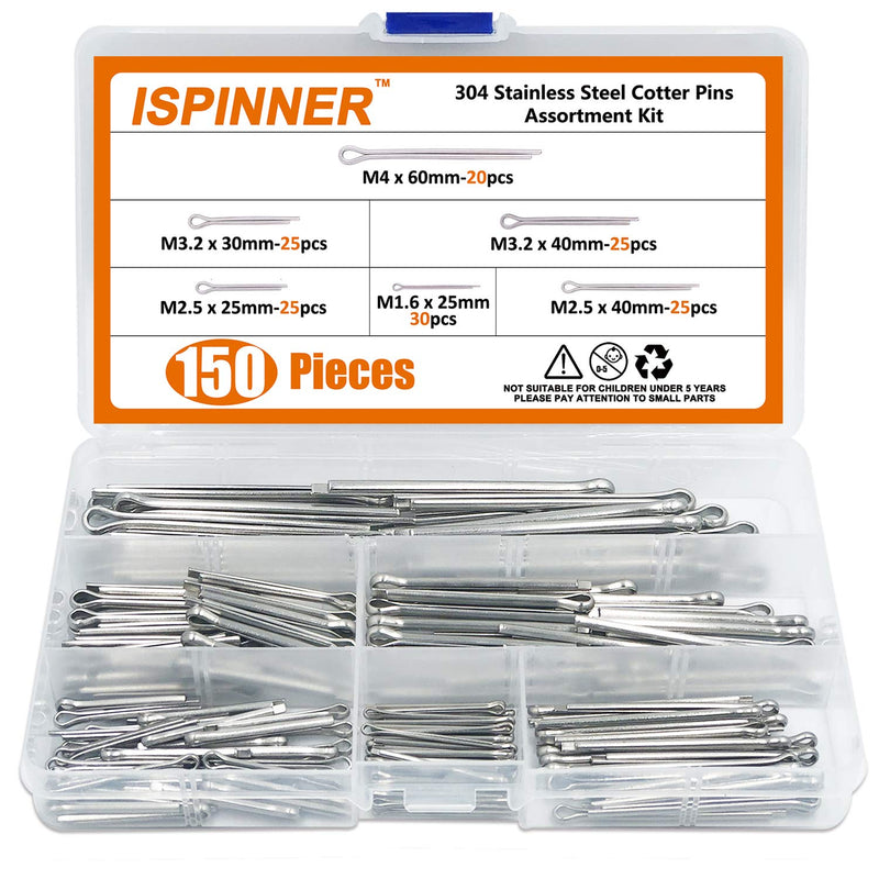 [Australia - AusPower] - ISPINNER 150pcs 304 Stainless Steel Cotter Pin Clip Key Fastener Fitting Assortment Kit 
