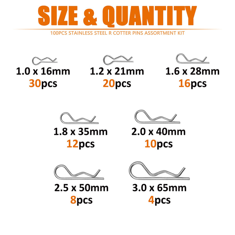 [Australia - AusPower] - ISPINNER 100pcs 304 Stainless Steel Cotter Pins Assortment Kit, 7 Sizes R Clips for Hitch Pin Lock Systems 