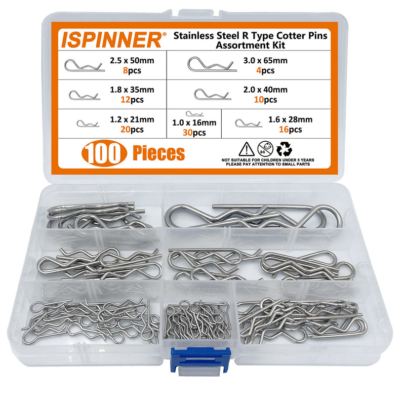 [Australia - AusPower] - ISPINNER 100pcs 304 Stainless Steel Cotter Pins Assortment Kit, 7 Sizes R Clips for Hitch Pin Lock Systems 