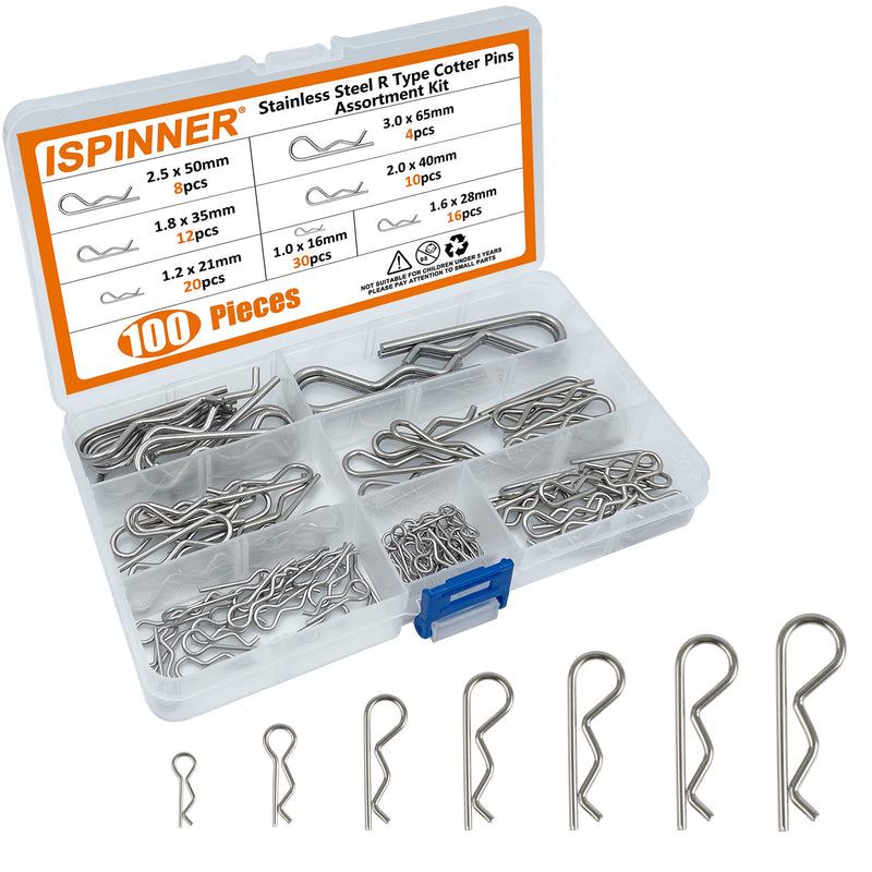 [Australia - AusPower] - ISPINNER 100pcs 304 Stainless Steel Cotter Pins Assortment Kit, 7 Sizes R Clips for Hitch Pin Lock Systems 