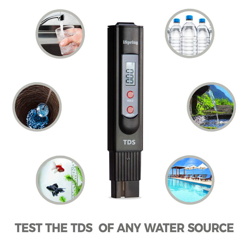 iSpring TDS2 digital TDS meter with backlit LCD in black, featuring two buttons for measuring water quality and temperature.