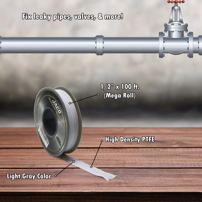 [Australia - AusPower] - JACO ThreadPro PTFE Thread Seal Tape - 1/2" x 100 ft. (Mega Roll) | Professional-Grade Thread Sealant (Cool Gray) 1/2" x 1200" (1 Pack) 