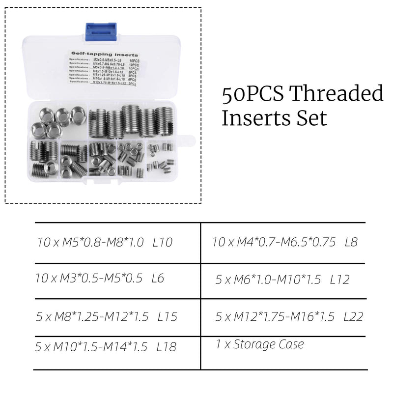 [Australia - AusPower] - 50PCS Threaded Inserts,Self-Tapping Thread Insert,M3-M12 Thread Reinforce Repair Tool Self Tapping Thread Inserts Set for Plastic Copper 