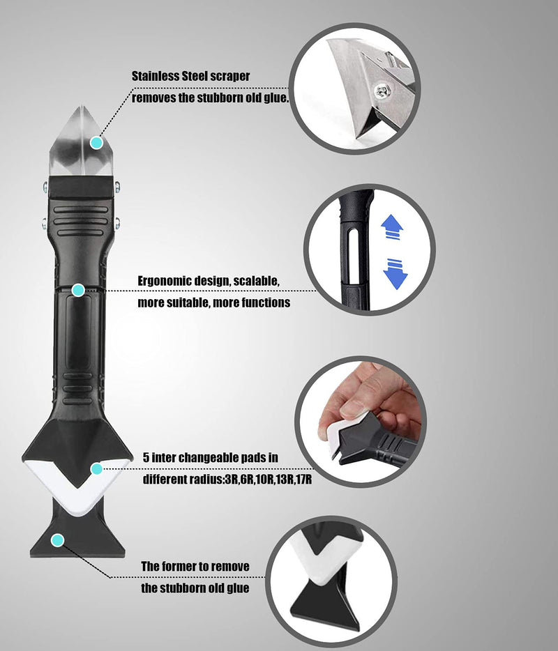 [Australia - AusPower] - 3 in 1 Silicone Caulking Tools, Glass Glue Angle Scraper, stainless steelhead Caulk Remover and Sealant Scraper, For Kitchen Bathroom Window And Frames Sealant Seals (1 Pack) 3 in 1 