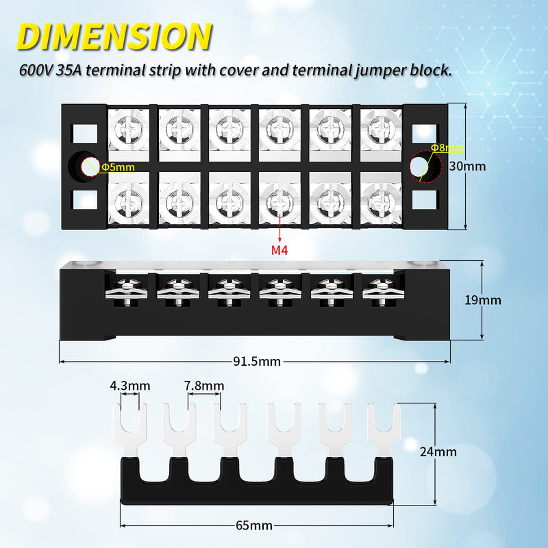[Australia - AusPower] - Joinfworld 35A Terminal Block 6 Position Screw Terminal Strip Dual Row with Cover & 6 Position Pre-Insulated Terminal Jumper Block -2pcs 