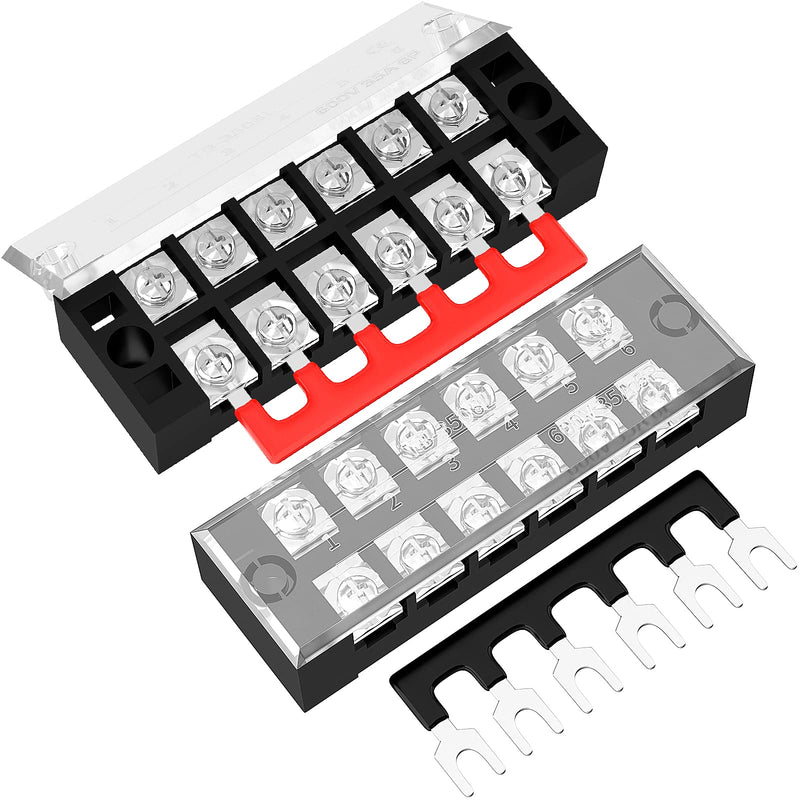 [Australia - AusPower] - Joinfworld 35A Terminal Block 6 Position Screw Terminal Strip Dual Row with Cover & 6 Position Pre-Insulated Terminal Jumper Block -2pcs 
