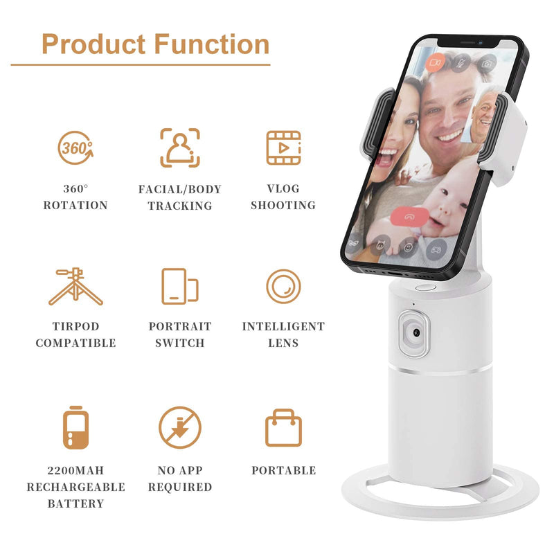 [Australia - AusPower] - Auto Tracking Phone Holder,360° Rotation Face Body Track Mount,Tracking Tripod for Vlog Shooting Live Streaming,Build-in Battery,No APP Required(White)… white 